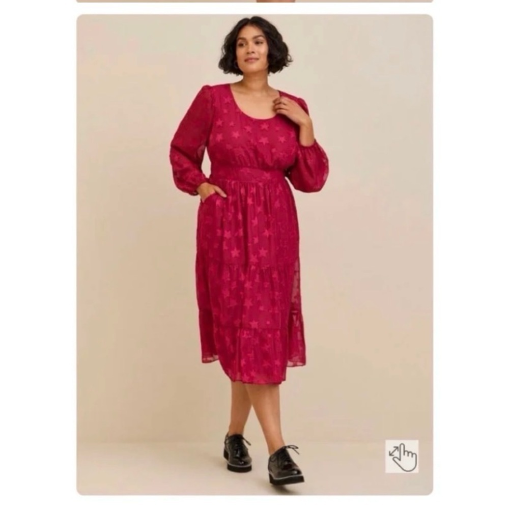 TORRID Magenta Star Tiered Long Sleeve Midi Dress - Picture 1 of 7